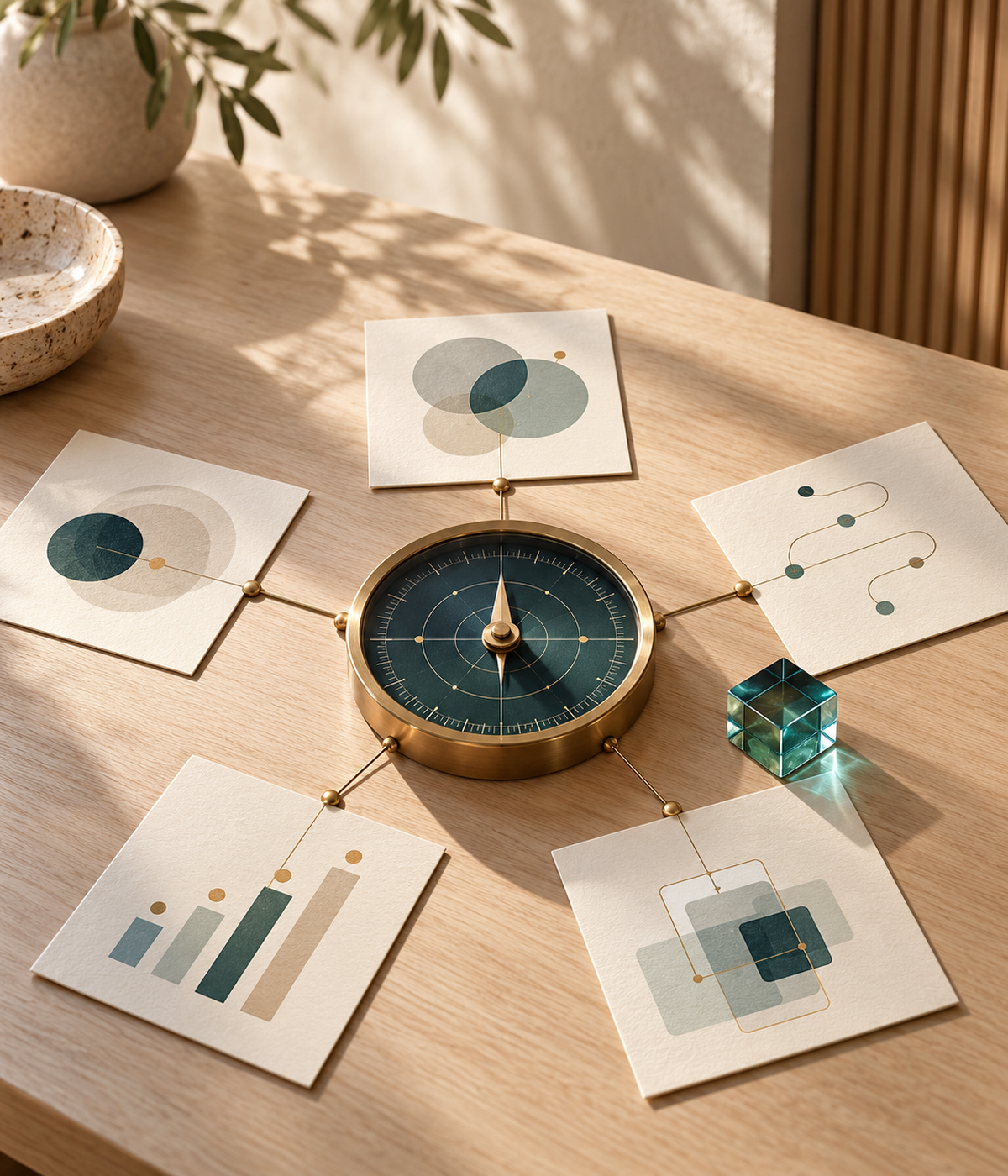 Brass directional gauge with a teal face, surrounded by five strategic cards on a wooden table