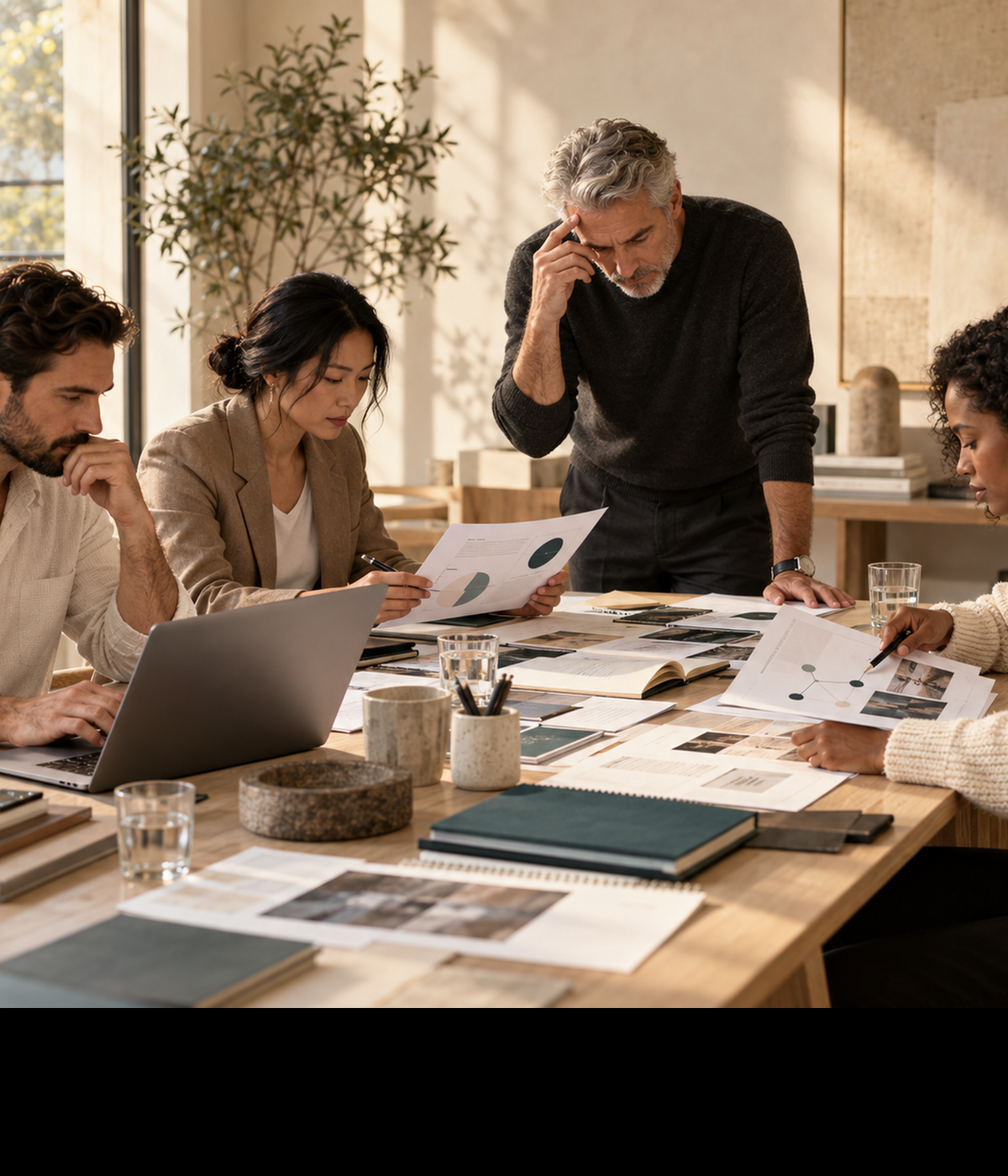 A client team reviewing brand and strategy materials together around a table