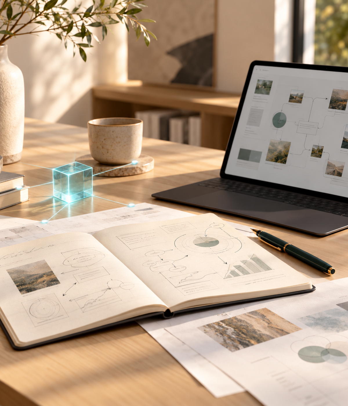 A glowing cyan cube rising from an open notebook and laptop on a sunlit desk