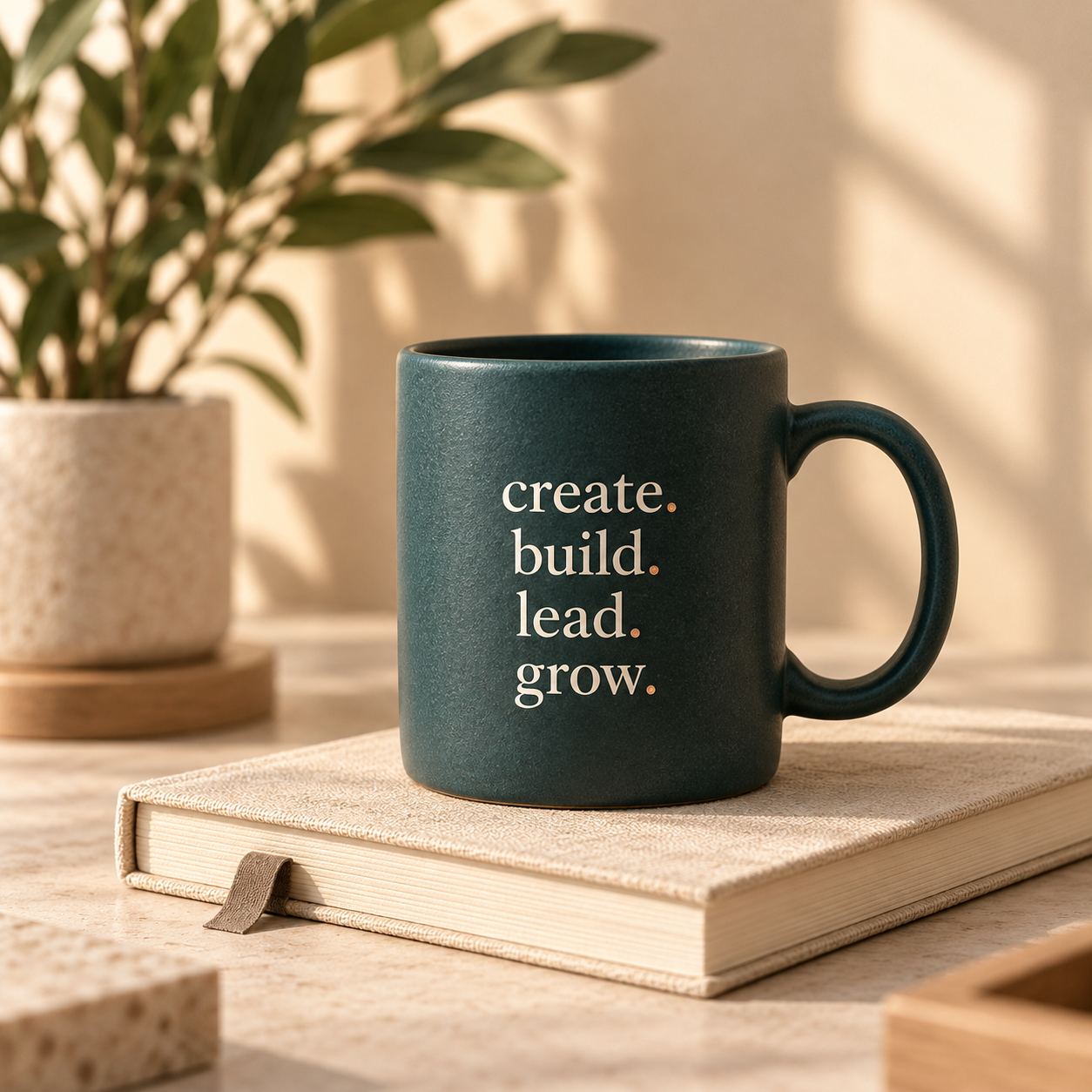 A Rubix mug with create, build, lead and grow on a worktable